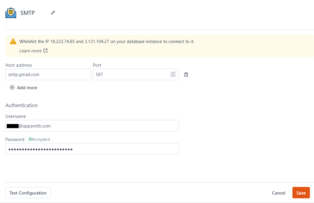 Configuring an SMTP datasource